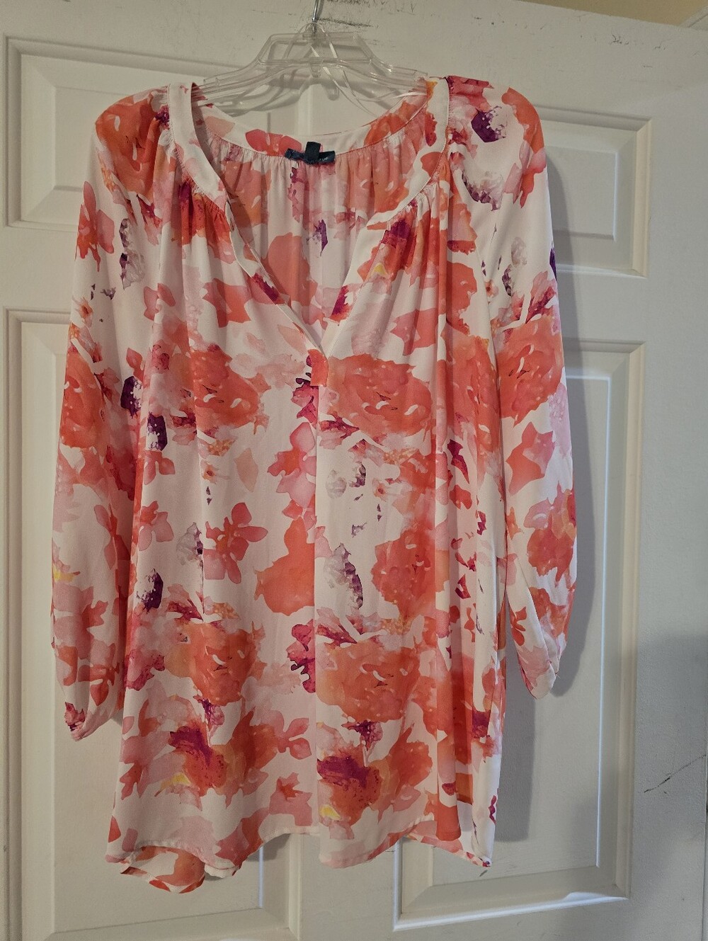 Flowy Floral V-Neck Blouse in Coral Pink